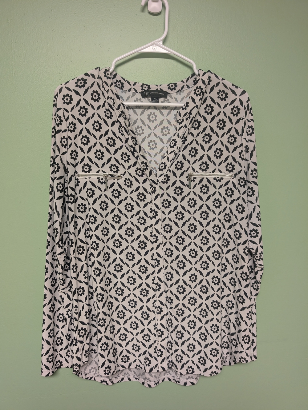 INC International Concepts Black and White Geometric V-Neck Blouse